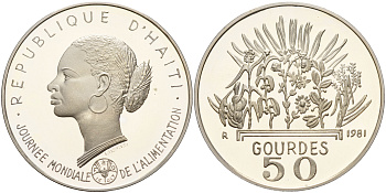 Гаити 50 гурдов 1981 50 лет FAO, голова женщины KM 149 серебро PROOF 1066-1-22
