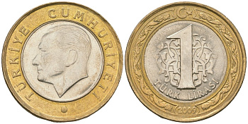 Турция 1 лира 2009 Кемаль Ататюрк KM 1244 биметалл  4610-1153