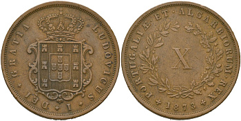Португалия 10 реалов (рейсов) 1873 Луиш I (1861-1889) KM 514 бронза 4587-812