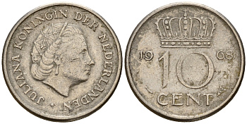 Нидерланды 10 центов 1968 Юлиана (1949-1980) KM 182 никель    4598-311