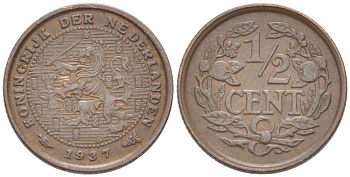НИДЕРЛАНДЫ 1/2 ЦЕНТА 1937 ВИЛЬГЕЛЬМИНА I (1890-1948) KM 138 бронза 217-1142
