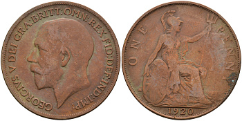Великобритания 1 пенни 1920 Георг V (1910-1936) KM 810, Spink 4051 бронза 4593-213