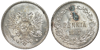 Россия для Финляндии 25 пенни 1917 S, временное правительство, без короны KM 19, Биткин 2 серебро аUNC 71-162