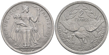 Французская Новая Каледония 2 франка 1977 птица кагу, (IEOM) KM 14, Schoen 11, Lec 58 алюминий    27-445