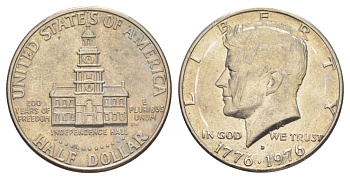 США 1/2 доллара (50 центов) 1976 D, 200 лет независимости, Джон Кеннеди KM 205 медь плакированная медно-никелем aUNC 4545-932