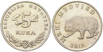 Хорватия 5 кун 2019 бурый медведь KM 11 медь цинк никель BU 4574-925