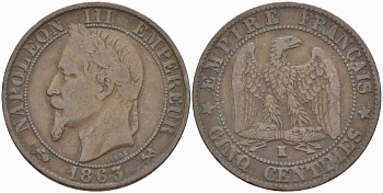 ФРАНЦИЯ 5 САНТИМОВ 1863 K, НАПОЛЕОН III (1852-1870) KM 797.3, LE FRANC 117.10 бронза 108-542