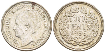 Нидерланды 10 центов 1936 Вильгельмина I (1890-1948) КМ 163 серебро 4532-1166
