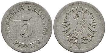 ГЕРМАНИЯ 5 ПФЕННИГОВ 1875 B, СТАРОГЕРБОВКА KM 3, J. 3 медно-никель 39-326