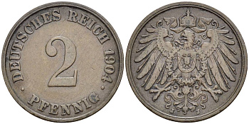 ГЕРМАНИЯ 2 ПФЕННИГА 1904 J , РЕДКАЯ KM 16, Jager 11, Weege 4 медь 4546-623