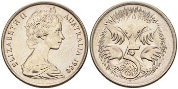 АВСТРАЛИЯ 5 ЦЕНТОВ 1980 ЕЛИЗАВЕТА II, МОЛОДОЙ ПОРТРЕТ, ЕХИДНА KM 64 медно-никель UNC 4564-1159
