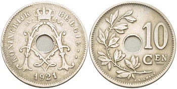 БЕЛЬГИЯ 10 САНТИМОВ 1921 BELGIE KM 86 медно-никель 210-1051