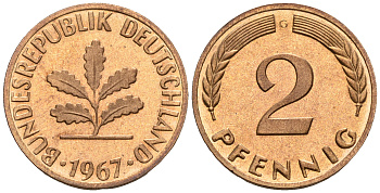 ФРГ 2 пфеннига 1967 G KM106, J.381 бронза PROOF 00-00