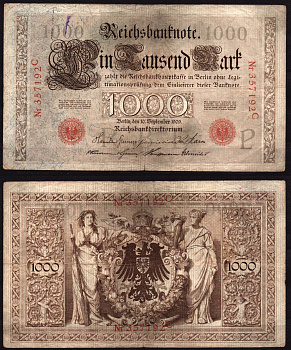 Германия 1000 марок 1909 Берлин, C; аллегорические фигуры («Мореплавание» и «Земледелие»), герб Pick 39 бумага 7547-82-2-1