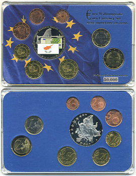 Кипр евронабор из 8 монет + медаль 2008 в пластиковом планшете UNC 7-4-1-14