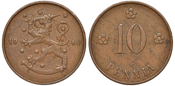 Финляндия 10 пенни 1940 KM 24 медь 51-3221