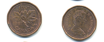 Канада 1 цент 1987 Елизавета II (1952-2022), кленовый лист KM 132 бронза 177-1423