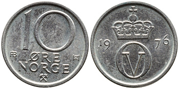 НОРВЕГИЯ 10 ЭРЕ 1976 KM 416 медно-никель 4392-146