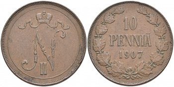 ФИНЛЯНДИЯ 10 ПЕННИ 1907 НИКОЛАЙ II KM 14 медь 69-216