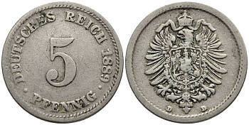 ГЕРМАНИЯ 5 ПФЕННИГОВ 1889 D, СТАРОГЕРБОВКА KM 3, Jager 3, Weege 5 медно-никель 4547-313