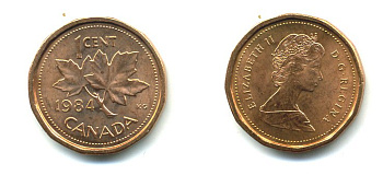 КАНАДА 1 ЦЕНТ 1984 ЕЛИЗАВЕТА II, КЛЕНОВЫЙ ЛИСТ KM 132 бронза UNC 540-734