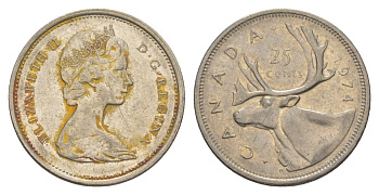 Канада 25 центов 1974 Елизавета II (1952-2022), олень KM 62b никель 4631-617