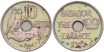 Греция 10 лепт 1912 M, Король Георг I (1863-1913), сова KM 63 никель 4141-346