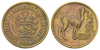 Перу 1/2 соль 1974 альпака KM 260 латунь 4167-854