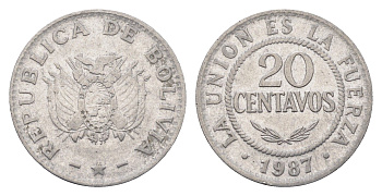 Боливия 20 сентаво 1987 KM 203 нержавеющая сталь 4664-635
