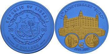 Либерия 5 долларов 2005 10 лет евро, страны не присоединившиеся к еврозоне, Словакия, монеты с сертификатом, би-колор (два цвета), вес 7,78 гр., диаметр 35 мм. KM 866 ниобий  UNC  1066-3-64