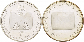 ФРГ 10 евро 2002 G, 50 лет немецкому телевидению KM 219, DE.S. 10.5 серебро UNC 1082-9-21