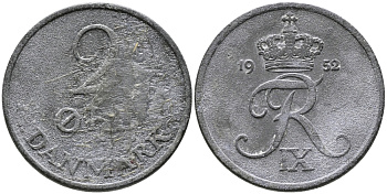 ДАНИЯ 2 ЭРЕ 1952 N; S, ФРЕДЕРИК IX (1947-1972) KM 840.1 цинк 28-1033