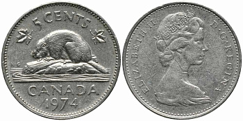 Канада 5 центов 1974 бобр, Елизавета II (1952-) KM 60.1 никель 87-956