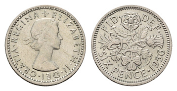 Великобритания 6 пенсов 1956 Елизавета II (1952-2022) KM 903, Spink 4149 медно-никель 4651-1154