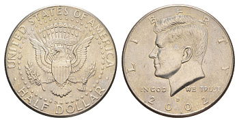 США 1/2 доллара (50 центов) 2002 D, Джон Кеннеди KM A202b медь плакированная медно-никелем aUNC 4517-416