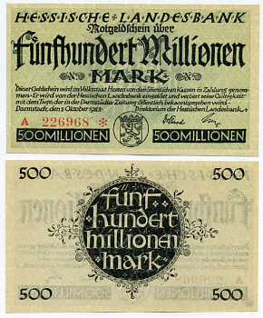 Германия, Дармштадт 500000000 марок (500 миллионов) 1923 1 октября 1923, нотгельд, земля Гессен, серия А, номер, снежинка, Hessesche Landesbank Keller 956е  бумага  UNC (пресс) 8613-20-1-1