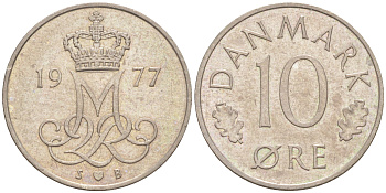 ДАНИЯ 10 ЭРЕ 1977 S; B, МАРГРЕТЕ II (1972-) KM 860.1 медно-никель 187-554
