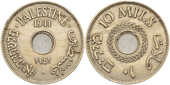 Израиль, Палестина 10 милсов 1941 Британская администрация, редкий год KM 4 медно-никель 4185-1232