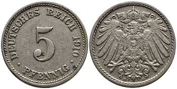 Германия 5 пфеннигов 1910 D KM 11, Jager 12, Weege 6 медно-никель 4547-516