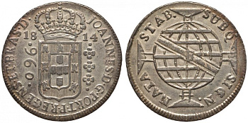 Бразилия 960 рейс 1814 В, монетный двор Бахия (Bahia), перечекан, патина, Жоао принц-регент (1799-1818) KM 307.1 серебро 00-815-15