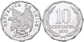 Чили 10 сентаво 1979 KM 205a алюминий 4402-427