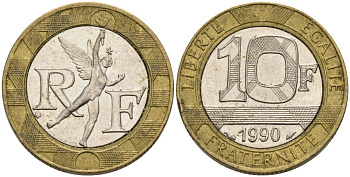 Франция 10 франков 1990 тип Гений Бастилии KM 964.1, Le Frank 375.5 биметалл 4573-1023