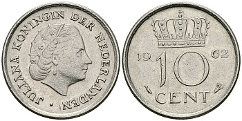 НИДЕРЛАНДЫ 10 ЦЕНТОВ 1962 ЮЛИАНА KM 182 никель 96-429