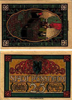 ПЁСНЕК, ГЕРМАНИЯ 25 ПФЕННИГОВ 1921 НОТГЕЛЬД, ЗЕМЛЯ ТЮРИНГИЯ бумага 7551-28-1-1