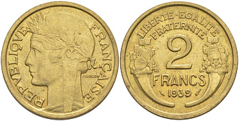 ФРАНЦИЯ 2 ФРАНКА 1939 ТИП MORLON KM 886, LE FRANC 268.12 алюминиевая бронза 3855-215