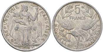 Французская Новая Каледония 5 франков 1986 птица кагу, (IEOM) KM 16, Schoen 12, Lec 76 алюминий 180-621