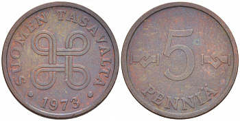 ФИНЛЯНДИЯ 5 ПЕННИ 1973 KM 45 медь 3718-121