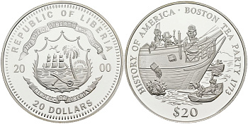 Либерия 20 долларов 2000 серия история Америки, Бостонское чаепитие 1773 KM 707 серебро PROOF 00-000-00