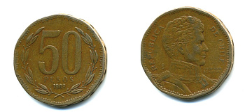 Чили 50 песо 1989 Бернардо О’Хиггинс KM 219.2 алюминиевая бронза 37-1245