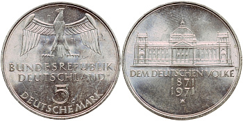 ФРГ 5 марок 1971 G, 100 лет основания Германской Империи KM 128.1, J. 409 серебро aUNC 1529-311